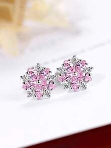 S925 Sterling Silver Sakura Flower Earrings & Necklace Set, Cubic Zirconia Inlaid Delicate Jewelry Gift Box - Multicolor - View 7