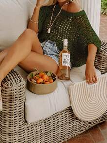 Women's Summer Short Sleeve Hollow Out Pullover Knit Top, Beach Cover Up Sweater Vacation Spring - Dark Green - View 4