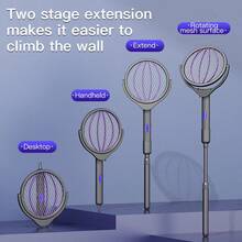 YTWO Extendable & Rotatable Electric Mosquito Swatter, Wall-Mounted Rechargeable Mosquito Killer With Lithium Battery, Extended Handle/Rotatable Net For Wider Coverage, Automatic Mosquito Attraction & Fast Killing, Seamless Wall-Mounted Net, Foldable Swatter Head - Multicolor - View 8