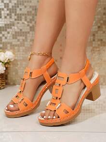 Sandal Wedges Platform Gesper Warna Solid Retro Wanita Ukuran Besar, Sepatu Pantai, Sepatu Musim Panas - Jeruk - View 6