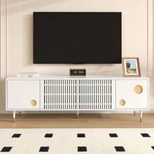 TV Cabinet With A Grid-Like Structure, Concealed Handle, And Gold Finish. Living Room Furniture. Two Solid Wood Doors. - White - View 1