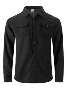 2pcs Men's Casual Solid Color Dual Pocket Lapel Shirt Long Sleeve + Long PantTwo Piecesce Set, Lightweight Casual Sports Vacation Outfit, Spring/Autumn - Black - View 2