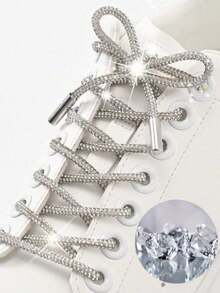 2 Pairs Of Luxury Rhinestone Shoelaces, Round Rhinestone Shoelaces/Hat Straps, Stylish And Sparkling, Crystal Drawstring Athletic Shoelaces - White - View 4