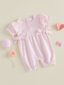 Mono de verano para niña pequeña, manga corta abullonada, cuello redondo, bonito estampado a cuadros, ribete con volantes - Rosa brillante - Ver 6