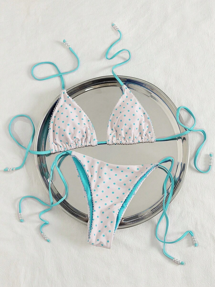 Bộ bikini nữ mới, thích hợp cho lễ hội âm nhạc, bãi biển, chấm bi, viền ren, đính hạt, kiểu dây buộc cổ hai bên, lót trong, gợi cảm, tối giản, lãng mạn, thường ngày, dự tiệc, kỳ nghỉ, thời trang mùa hè cho nữ, đi nghỉ mát. - Màu xanh Cadet - Xem 1