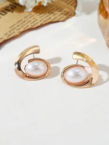1 par de pendientes de aro elegantes y de moda con perlas falsas incrustadas, ligeros y lujosos, adecuados para viajes, playa y uso casual - Pendientes de perlas en espiral - Ver 4