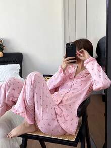 Dreamivo Floral Print Ruffle Trim Women Long Sleeve Pajama Set - Pink - View 4