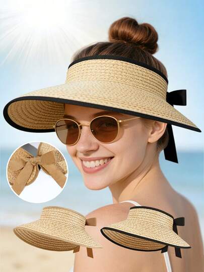 1Pc Straw Sun Visor Hat Women's Wide Brim Bow Decor Lightweight UV Protection Foldable Sweet Summer Beach Hat