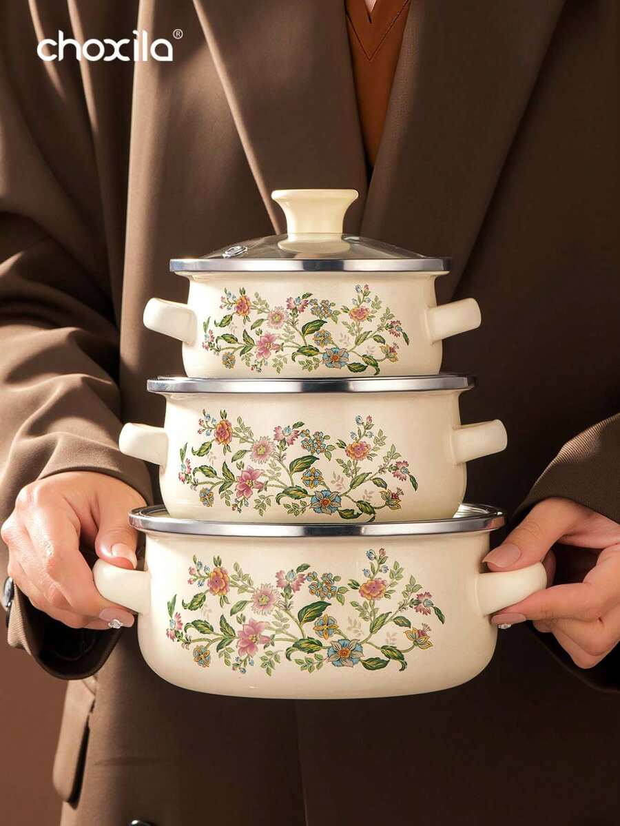 choxila 3pcs Enamel Soup Pot Set, Dual-Ear Cooking Pot With Lid, Suitable For Rice Cooker, Electric Stove And Gas Stove, Scratch-Resistant And Durable, Ideal For Home Kitchen And Dining, Suitable For Ramadan And Eid Al-Adha - View 1