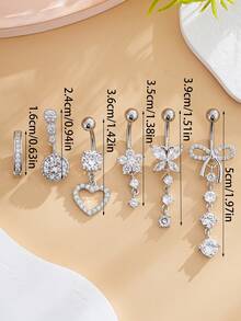 6件套不锈钢肚脐环饰品套装，性感蝴蝶结心形花朵镶嵌锆石，女士日常佩戴 - 銀色 - 查看 5