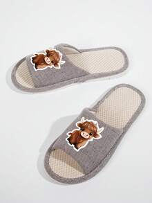 女士室内卡通奶牛露趾拖鞋 - 灰色 - 查看 5