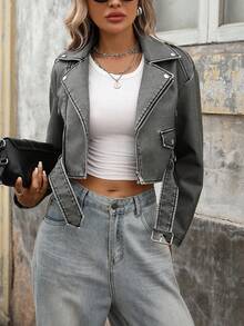 Women's Faux Leather Cropped Jacket Lapel Zipper Biker Short Bomber Moto Coat With Belt - Faded Gray - View 4