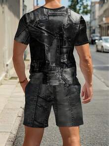 2pcs/Set Men's Casual Fashion T-Shirt And Shorts Set, "Cool GAME TIME" Game Controller Graffiti Denim-Look 3D Print Casual Street Style, Lightweight Breathable Summer 2-Piece Set, Suitable For Daily Wear And Summer Beach Vacation, Boyfriend Gift - Multicolor - View 4