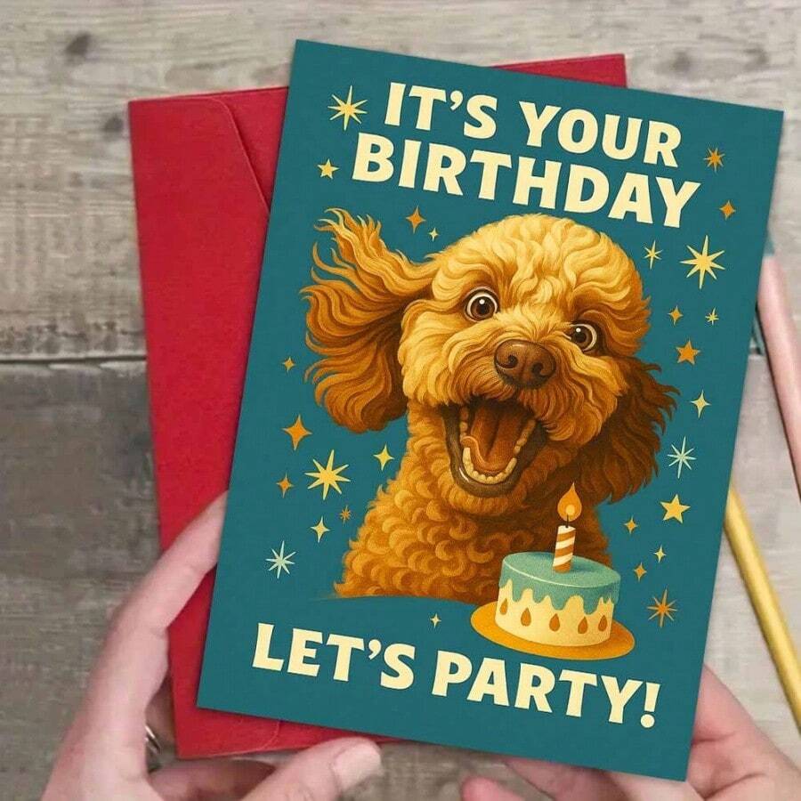 1张趣味生日贺卡，可爱贵宾犬与生日蛋糕图案，写着“生日快乐，一起庆祝吧！”，附赠信封，是送给爱狗人士的完美礼物。 - 13*18 - 查看 1