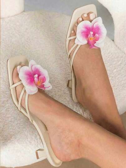 planare New Women's Fashion Summer Beige & Rose Red Flower Kitten Heel Sandals, Featuring 3D Floral Design, Suitable For Daily, Vacation, Beach, Date And Other Occasions