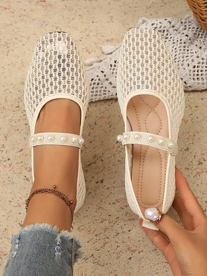 女士纯色基础款网眼珍珠圆头平底透气套脚鞋，夏季