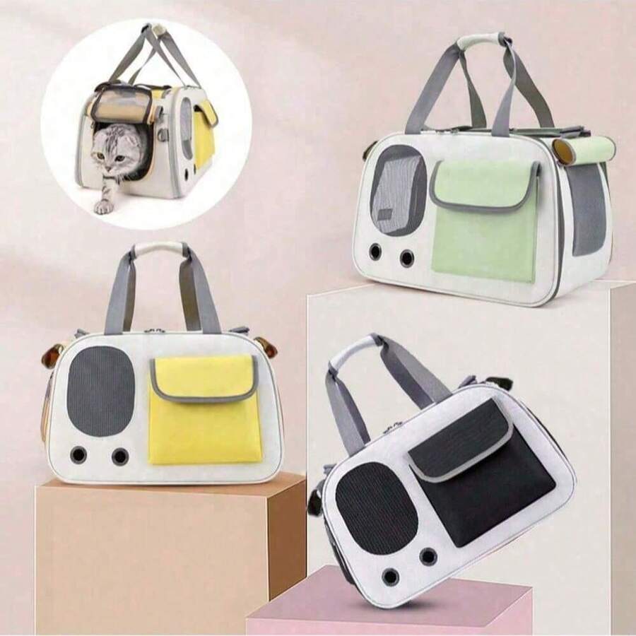 1 pieza Bolso transportador de mascotas, diseño de mano/hombro, cubierta retráctil para ventilación y privacidad, estilo de moda - Multicolor - Ver 1