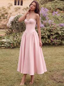 优雅奢华手工串珠心形领高腰露背系带A字中长款派对礼服，适合舞会、生日派对、正式晚宴、约会、返校节、婚礼宾客、正式晚宴、家庭聚会等多种场合。 - 淺粉色 - 查看 4