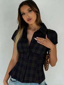 Classic Plaid Ruffle Button Short Sleeve Retro Casual Slim Fit Women Shirt Summer - Navy Blue - View 8