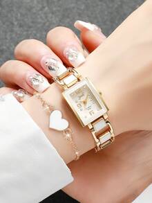 4pcs/Set Women's Gift Watch With Square Dial, Rhinestone Scales, Elegant Quartz Wrist Watch + Heart-Shaped Bracelet (Watch Box Not Included) - Multicolor - View 3