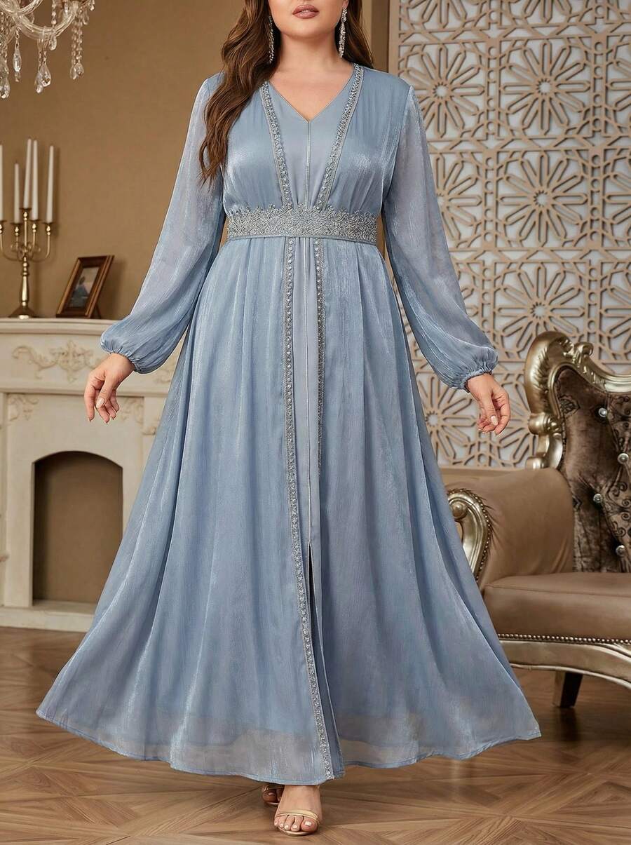 Váy Maxi Cổ Cardigan Thanh Lịch Có Thắt Lưng, Tay Áo Bishop Và Đính Nơ Hoàn Hảo Cho Những Dịp Đặc Biệt - Màu xanh bụi bặm - Xem 1