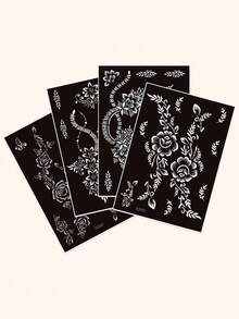 4pcs Floral Tattoo Stencil Stickers, Plant Hollow Temporary Tattoo Template For Arm, Leg, DIY Body Art Painting Party - Black - View 8