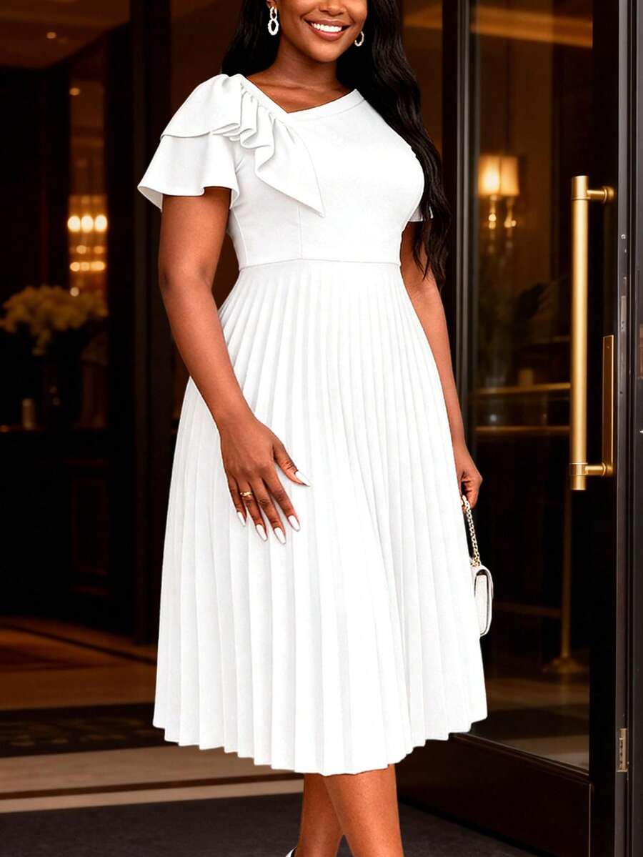 Elegant White Pleated Mid-Length Dress, Ruffle Sleeve, Asymmetrical Neckline, Suitable For Spring/Summer Wedding Guest, Cocktail Party, Formal Occasions - White - View 1