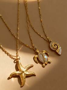 Znice 2026 New 18K Gold Plated Stainless Steel Ocean Series Starfish, Turtle, Shell Enamel Pendant Necklace, Suitable For Layering, Single Wear, Beach Vacation, Mother's Day Gift, Valentine's Day Gift, Durable Jewelry, Waterproof And Fade-Resistant - Gold - View 9