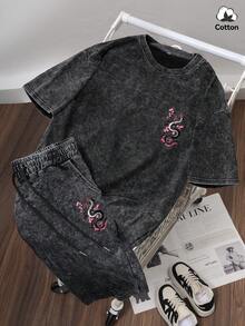 Bộ đồ 2 mảnh phong cách đường phố mùa hè dành cho nam giới của Hemo, in hình rồng Nhật Bản, chất liệu co giãn nhẹ, màu đen mài, thích hợp mặc hàng ngày. - màu đen - Xem 2