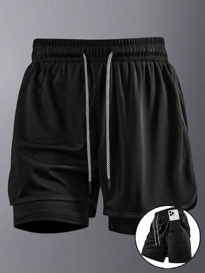 Men's Solid Color Drawstring Waist Casual Sports Shorts, Non-Slip, Fashionable 2-In-1 Design, Unisex Sports Shorts Suitable For Running, Outdoor, Fitness, Lightweight, Loose And Comfortable Casual Pants Black Summer