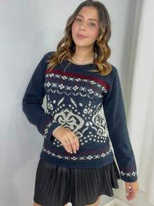 Blusa De Frio Feminina Manga Longa Tricot Inverno Mousse Tramas Geométricos Agasalho - Azul Marinho - Visão 3
