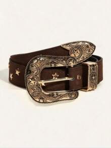 1pc New Brown Star Retro PU (Polyurethane) Women's Belt, Suitable For Dresses, Jeans, Skirts In All Seasons, Fashion Versatile Western-Style Belt For Daily Use - Brown - View 2