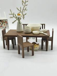 Mesa de Jantar Miniatura de Plástico Impressa em 3D, Decoração de Móveis de Micro Casa de Bonecas, Acessórios Modelo Miniatura para Casa, Adereços de Cena de Restaurante de Casa de Bonecas, Mesa Pequena, Cadeira com Encosto, Vaso, Modelos de Móveis em Micro Escala, Adereços de Fotografia de Micro Cena - Mesa de nogueira - Visão 10