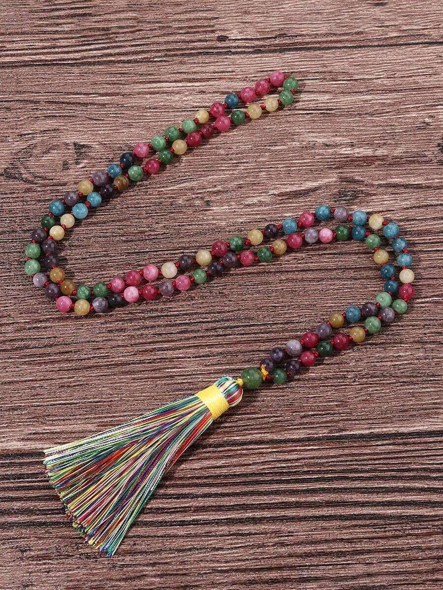 6mm Tourmaline Mala Beads Knotted Necklace Women Men Japamala 108 Beads Yoga Meditation Prayer Jewelry Tassel Charm Bohemian Vintage Jewelry - 黑色 - 查看 1