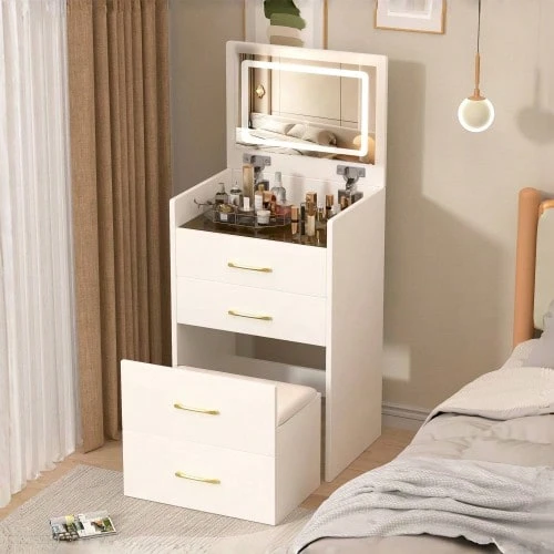 3-In-1 Dressing Table With Open Mirror, Small Dressing Table Set With Clear Glass Tabletop, Compact Dressing Table With 3 Drawers, Bedroom Dressing Table, Dimensions: W60/H118/D40 Cm. - White - View 1