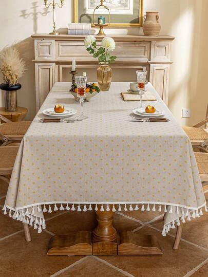 1pc Yellow Floral Pattern Tablecloth, Rustic Rectangular Tablecloth With Tassels, Suitable For Picnic, Afternoon Tea, Holiday Party, Restaurant, Wedding, Home Dining Table Decor, All Seasons