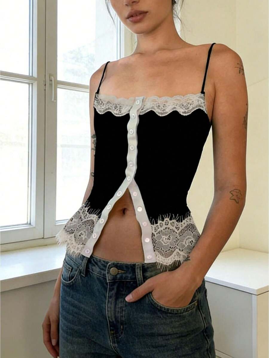 Women's Lace-Trimmed Button-Front Cami Top - Slim Fit, Spaghetti Straps, Sleeveless Summer Tank - Ideal For Everyday Wear, Dinner Dates, Outdoor Dining, Champagne Bars, Girls' Gatherings, Rooftop Bars, And Vacations. - màu đen - Xem 1
