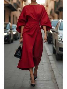 2026 Women S European American Fashion Elegant Solid Color Waist Cinching Bat Sleeve Long Dress Casual Party Work Office Dresses - 紅色 - 查看 12