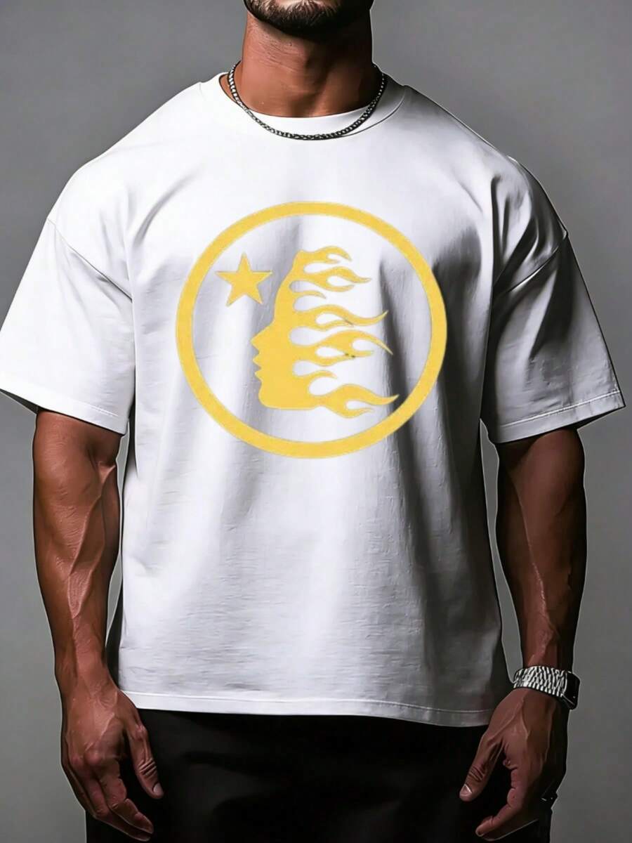 Hellstars Yellow Flame Head Star Logo Y2K Graphic T-Shirt,220g 100% Cotton,Round Neck Short Sleeve,White Streetwear Essential For Summer Going Out,Unisex Style - 白色 - 查看 1
