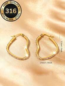 Light Luxury Exquisite Diamond-Encrusted Heart Hoop Earrings, Dazzling And Elegant Design, 316 Stainless Steel Jewelry, Lightweight Eye-Catching Accessories, Suitable For Women's High-Quality Low-Fading Minimalist Earrings For Commuting, Available In Gold And Silver, Perfect For Parties And Daily Wear, Ideal Gift Choice - Heart-shaped - View 3