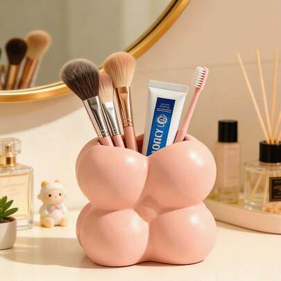 1 pieza Soporte de cepillo de baño de estilo nórdico de alta gama con forma de rosquilla, organizador de brochas de maquillaje, soporte para peines, organizador de brochas de polvo, diseño ornamental de soporte multifuncional de alta calidad, gran capacidad, adecuado para oficina, decoración del hogar y espacio de almacenamiento.
