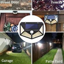 6 Piezas de Luces solares de pared exteriores, 100 LED, iluminación de cuatro lados, carga solar, con sensor de movimiento, multifuncional, resistente al agua y protección solar, adecuado para luces de emergencia en el hogar y exteriores, porches, frentes de garajes, jardines, paredes - Luces solares - Ver 10