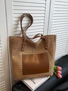 Summer Straw Beach Bag, Large Capacity Tote Bag, Grocery Basket Bag, Handbag, Vacation Style, Simple & Versatile, Multi-Pocket Women Bag, Suitable For Dresses, Shopping, Travel, Storage, Wicker Bag - Màu Khaki - Xem 3