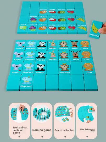 [Wooden Multifunctional Dominoes]36 Wooden Building Blocks Multifunctional Dominoes | Stackable Memory Game, Fruit And Animal Matching Game, Mahjong Game, Logic Reasoning Training, Hand-Eye Coordination, Memory, Animal And Fruit Vocabulary Learning, Suitable For Two-Player Interaction, Family Party Games, Storage Bag, Suitable For Christmas, Easter, Halloween, Birthday Gifts.