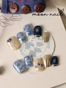 10pcs Press On Nails Blue Blending Black Golden Rose Nails Press On Nail Supplies Short Nails Fake Nails Artificial Nails Kit Includes 1sheet Adhesive Tabs &1 Pc Mini File - Multicolor - View 3