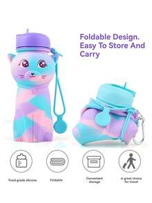 BENNY 可爱3D猫咪可折叠硅胶儿童水瓶 600ml，可折叠防漏，带登山扣 | 开斋节礼物、斋月特惠、返校季礼物、复活节礼物篮礼物、圣诞节礼物（适合女孩、男孩、幼儿） - 彩色 - 查看 5