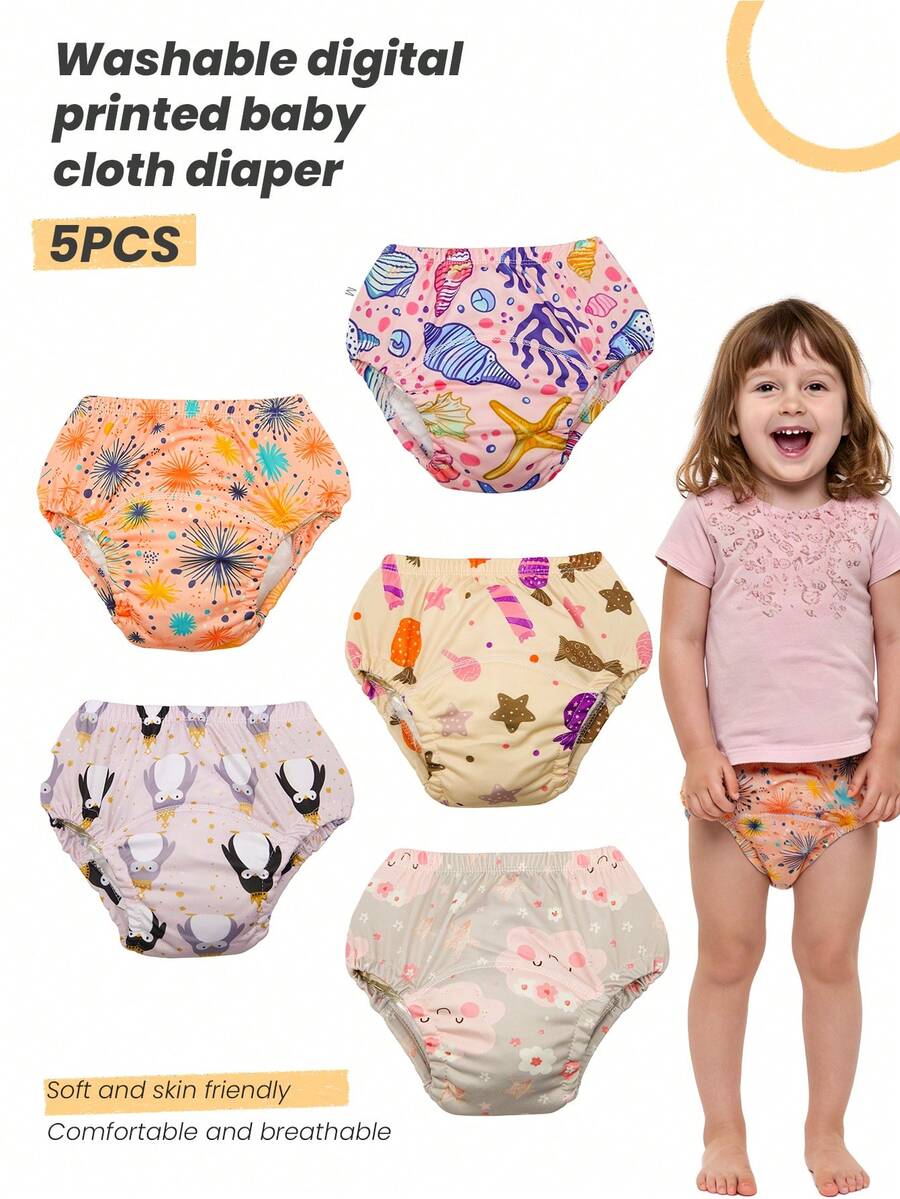 5 chiếc quần tập đi vệ sinh in hình có thể tái sử dụng cho bé, quần lót tã có thể giặt được cho bé trai và bé gái. - Pháo hoa vỏ sò - Xem 1