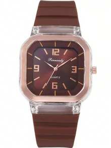 两件套简约休闲女士石英表，复古优雅风格硅胶石英表套装，包括深棕色硅胶表带、透明表壳、方形表盘女士手表和心形手链 - 棕色 - 查看 4