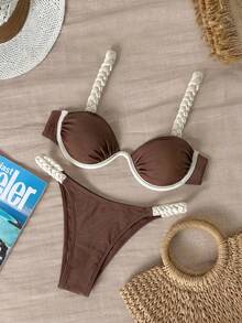 Bikinx Women's Chic Braid Detail High Cut Bikini Set Spaghetti Strap Contrast Binding Swimwear High Stretch Fabric - Multicolor - View 4