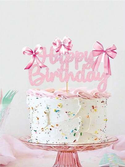 1个粉色蝴蝶结生日装饰品，适用于生日蛋糕装饰、粉色主题生日蛋糕装饰、可爱公主主题生日派对用品
